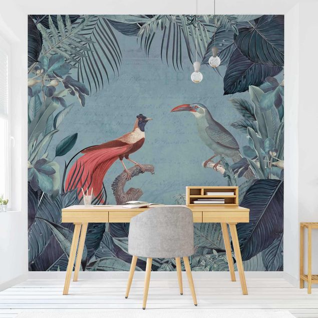papel de parede moderno para sala Blue Gray Paradise With Tropical Birds