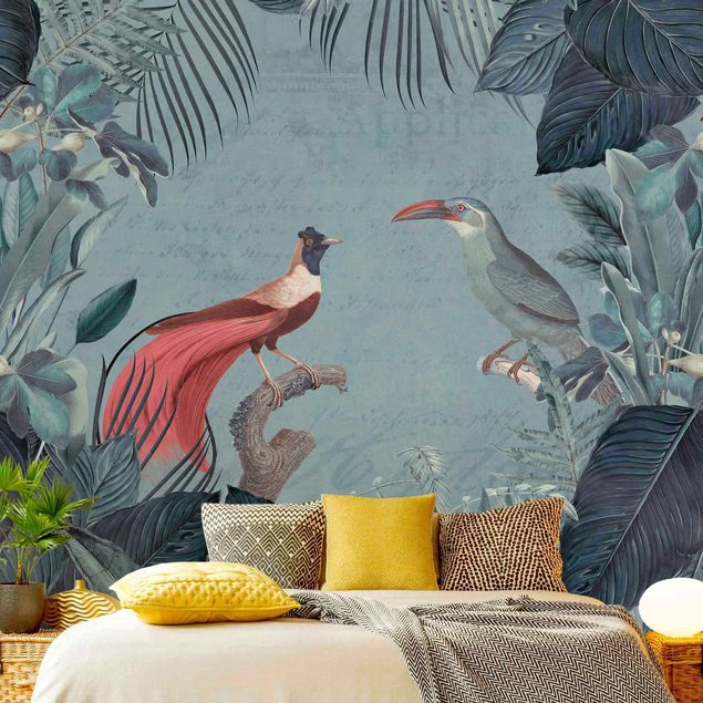 papel parede de flor Blue Gray Paradise With Tropical Birds