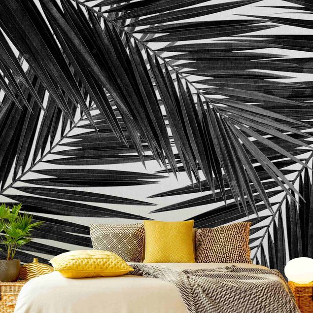 papel de parede moderno View Through Palm Leaves Black And White