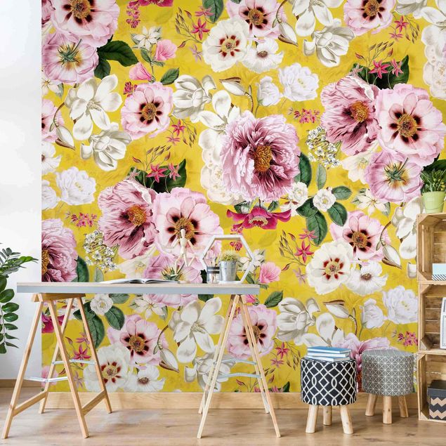 Papel de parede padrões Blossoms On Yellow