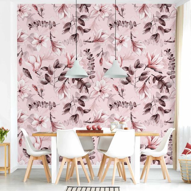 papel de parede moderno para sala Blossoms With Gray Leaves In Front Of Pink