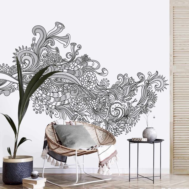 Papel de parede paisley Floral Wave Black And White