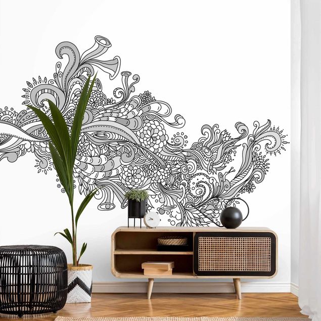 Papel de parede padrões Floral Wave Black And White