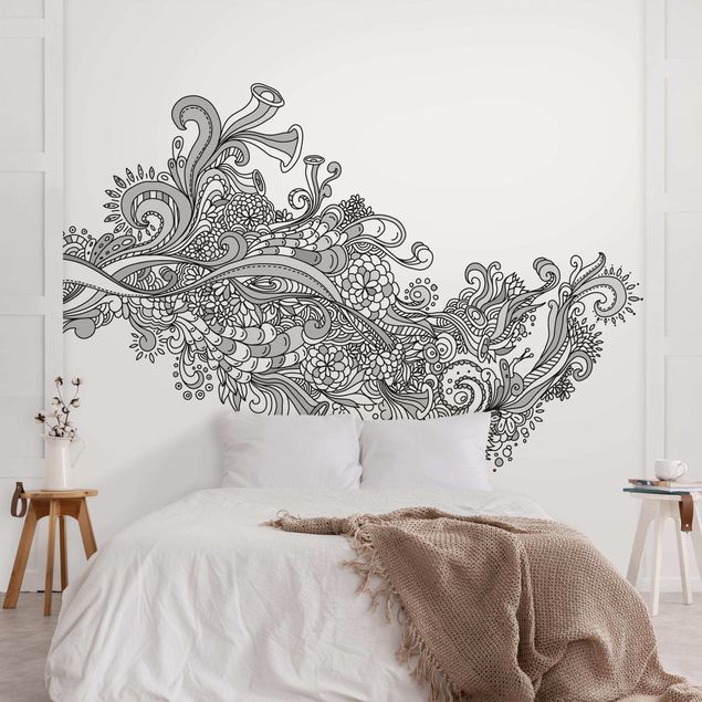 papel de parede para quarto de casal moderno Floral Wave Black And White