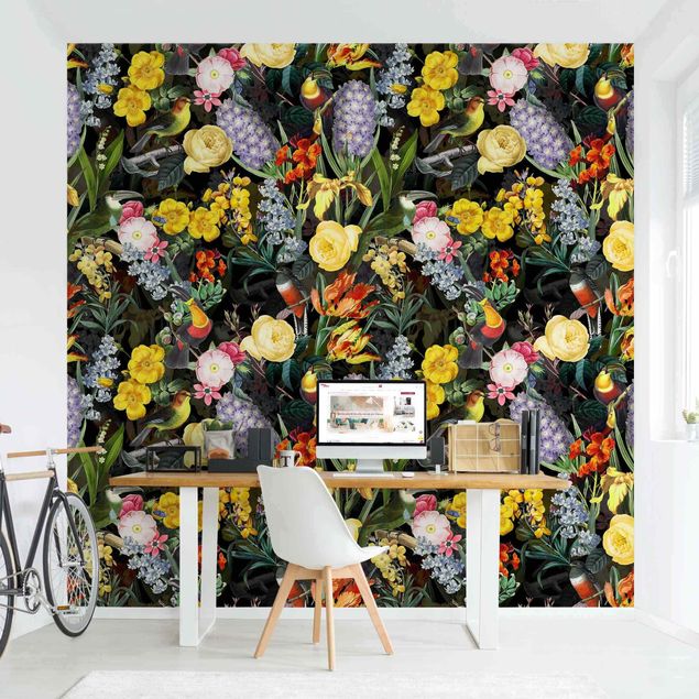 decoraçao para parede de cozinha Flowers With Colourful Tropical Birds