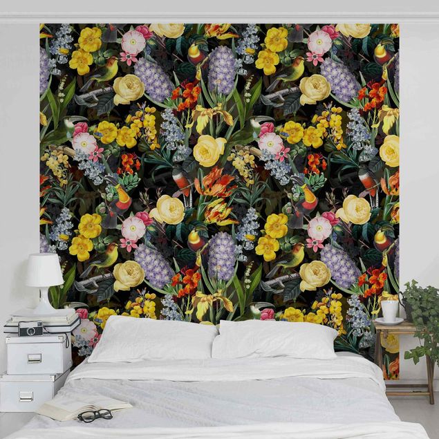 papel parede pássaro Flowers With Colourful Tropical Birds