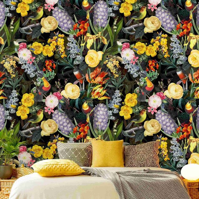 Papel de parede padrões Flowers With Colourful Tropical Birds