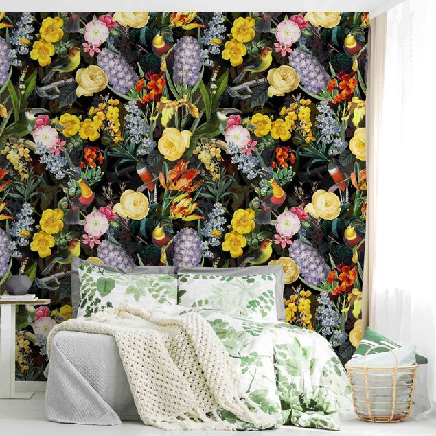 papel de parede para quarto de casal moderno Flowers With Colourful Tropical Birds