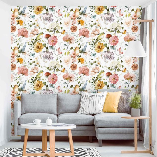 papéis de parede com borboletas Flowers and Birds Watercolour Pattern