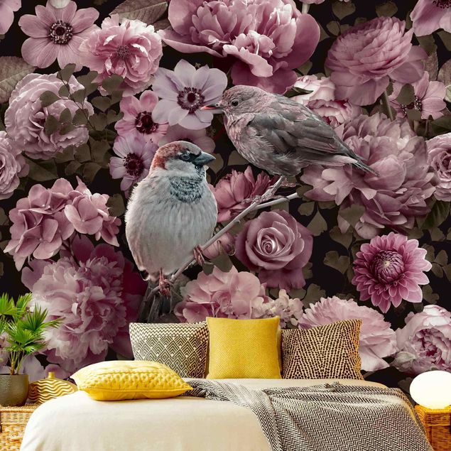 papel de parede para quarto de casal moderno Floral Paradise Sparrow In Antique Pink