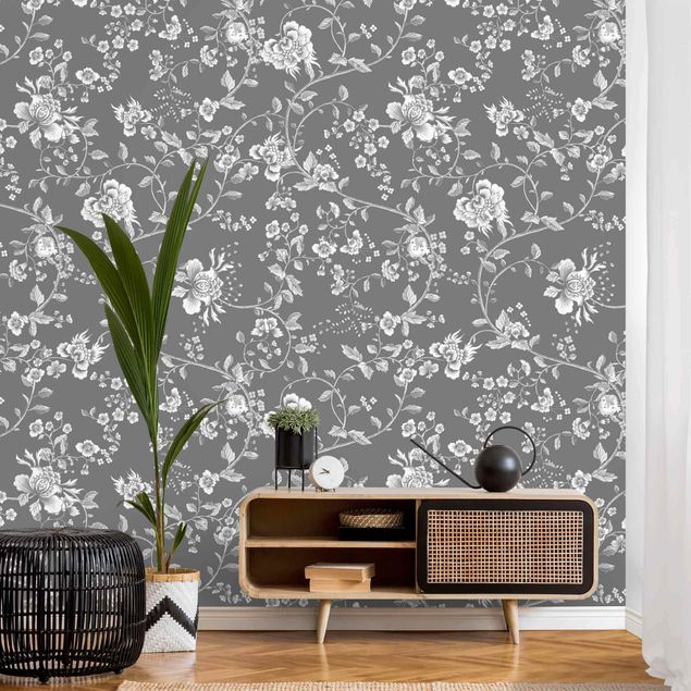 Papel de parede padrões Flower Tendrils On Gray