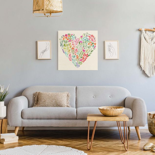 quadros decorativos para sala modernos Flowery Watercolour Heart-Shaped