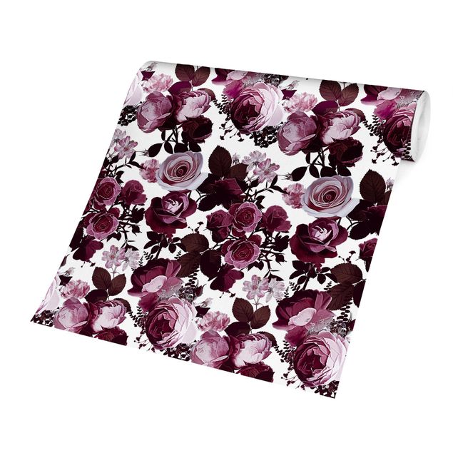 papel de parede moderno Bordeaux Roses With Brown Leaves