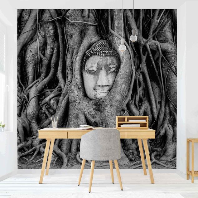 papel de parede moderno para sala Buddha In Ayutthaya Lined From Tree Roots In Black And White