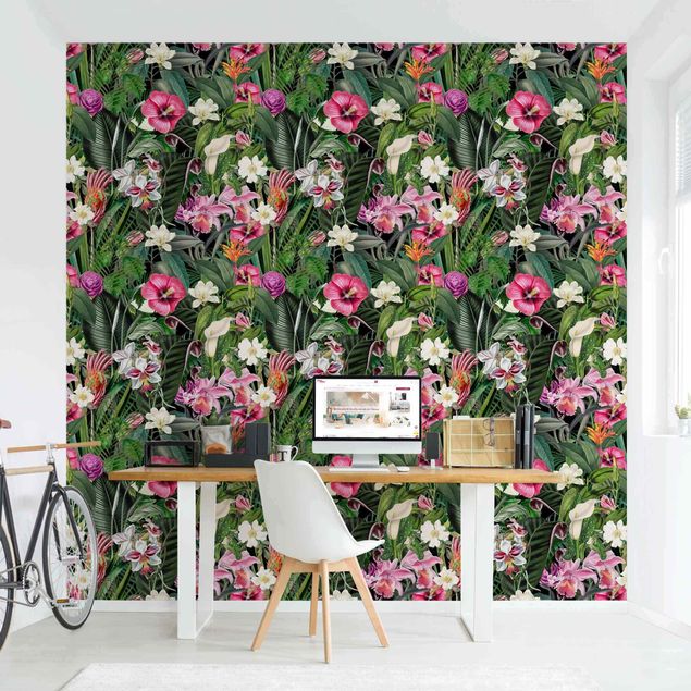 papel de parede moderno para sala Colourful Tropical Flowers Collage