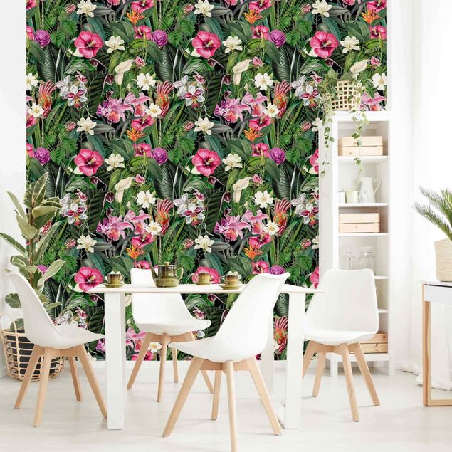 papel parede de flor Colourful Tropical Flowers Collage