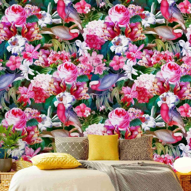 Papel de parede com pássaros Colourful Tropical Flowers With Birds Pink