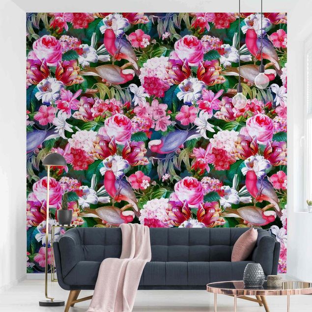 Papel de parede padrões Colourful Tropical Flowers With Birds Pink