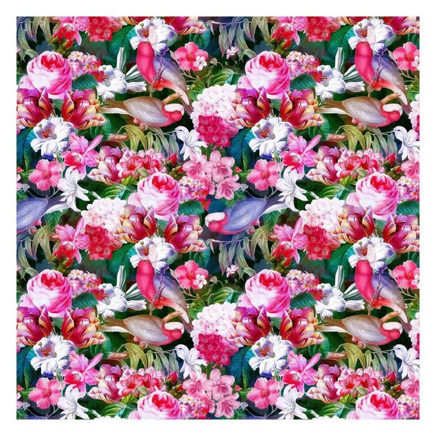Papel de parede com flores Colourful Tropical Flowers With Birds Pink