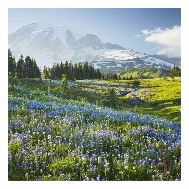 quadro com paisagens Mountain Meadow With Red Flowers in Front of Mt. Rainier