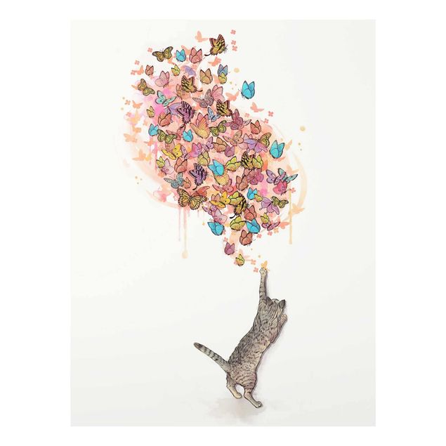 Quadros em vidro animais Illustration Cat With Colourful Butterflies Painting