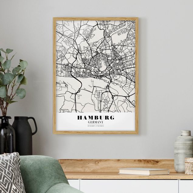 Quadros com moldura em preto e branco Hamburg City Map - Classic