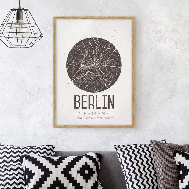 Quadros com moldura em preto e branco City Map Berlin - Retro