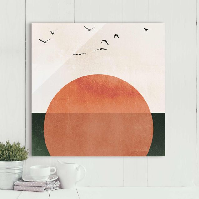 decoraçao para parede de cozinha Flock Of Birds In Front Of Rising Sun