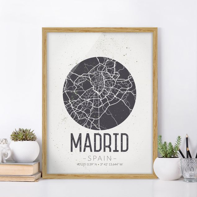 Quadros com moldura em preto e branco Madrid City Map - Retro