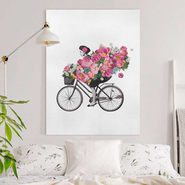 decoração quadros Illustration Woman On Bicycle Collage Colourful Flowers