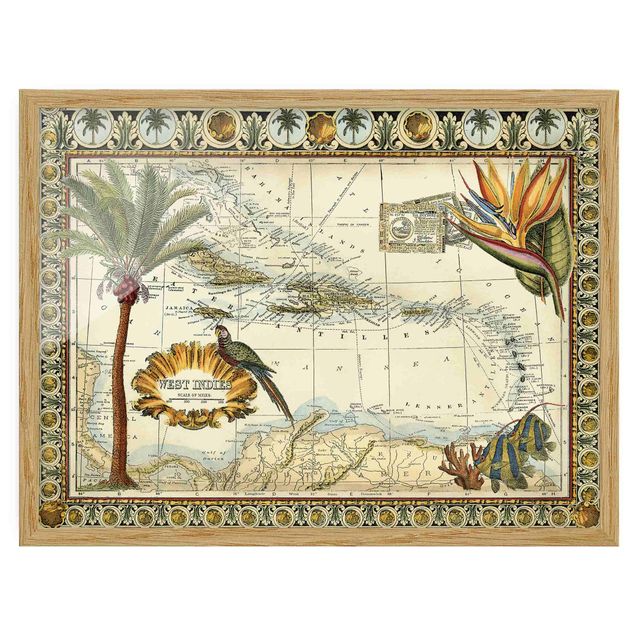 Quadros com moldura flores Vintage Tropical Map West Indies