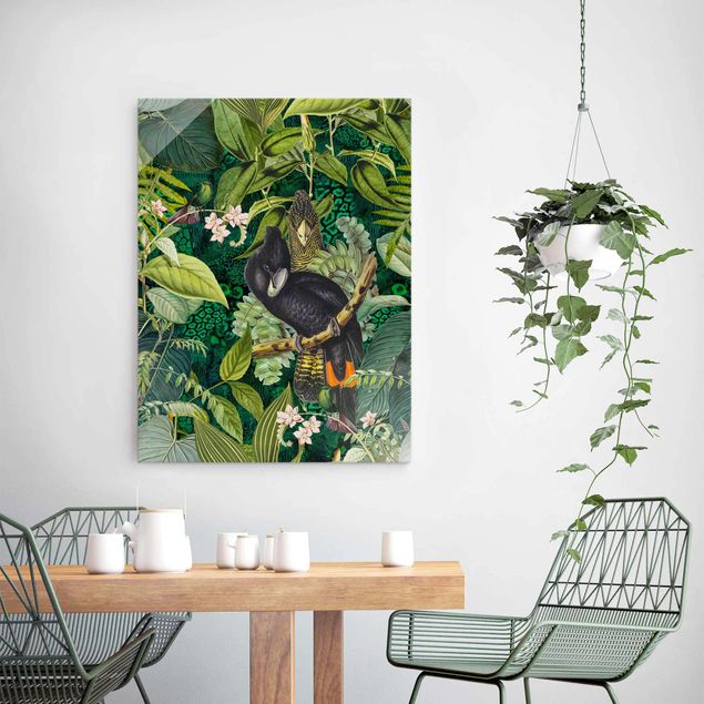 Quadros em vidro flores Colourful Collage - Cockatoos In The Jungle