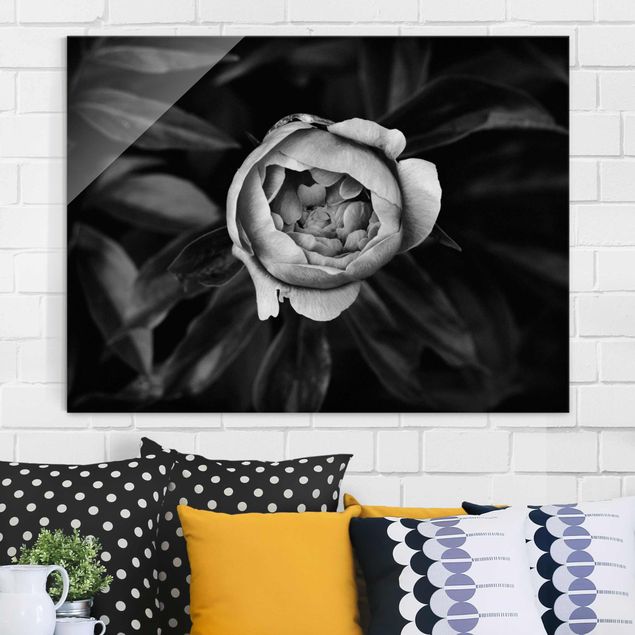 quadro de vidro Peonies In Front Of Leaves Black And White