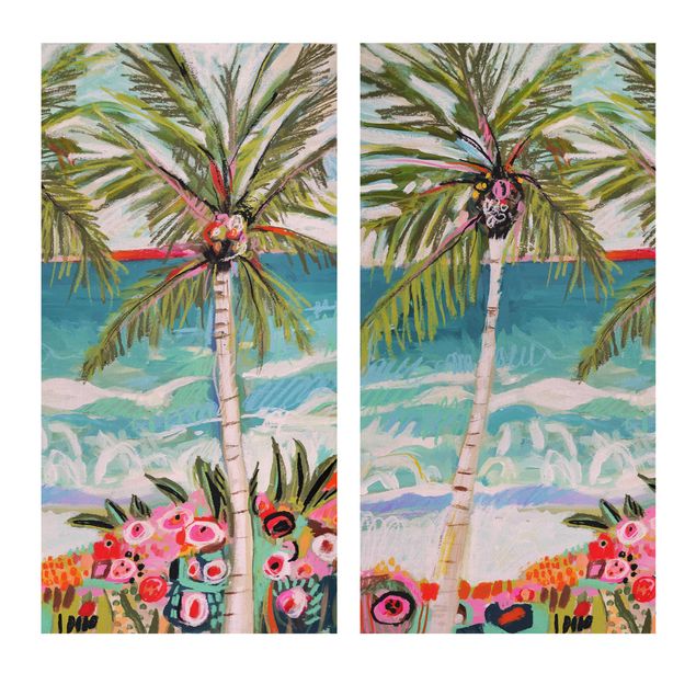 quadros decorativos para sala modernos Palm Tree With Pink Flowers Set I