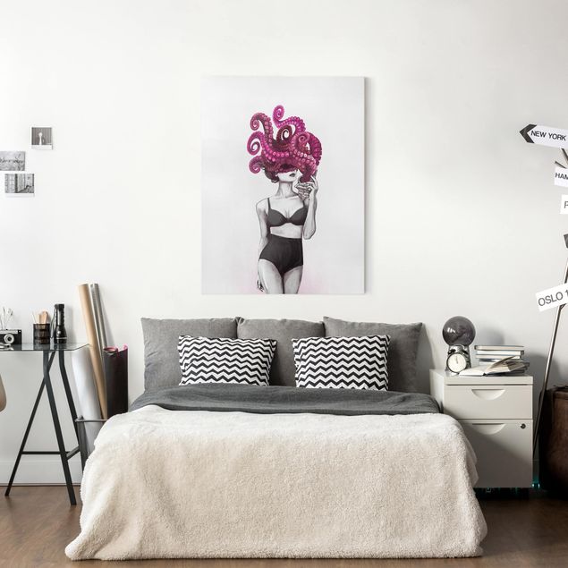 decoraçao para parede de cozinha Illustration Woman In Underwear Black And White Octopus