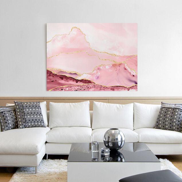 Telas decorativas montanhas Abstract Mountains Pink With Golden Lines