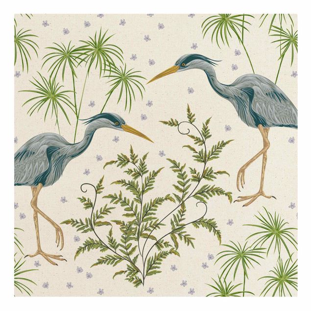 Telas decorativas animais Chinoiserie Grey Heron Between Grasses,