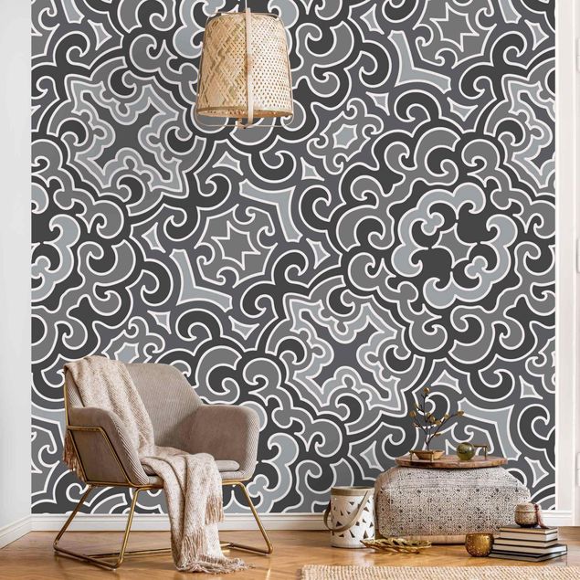 papel de parede moderno Chinoiserie Pattern In Grey