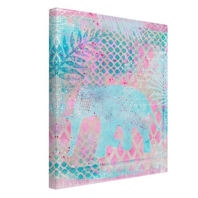 quadros de paisagens Colourful Collage - Elephant In Blue And Pink