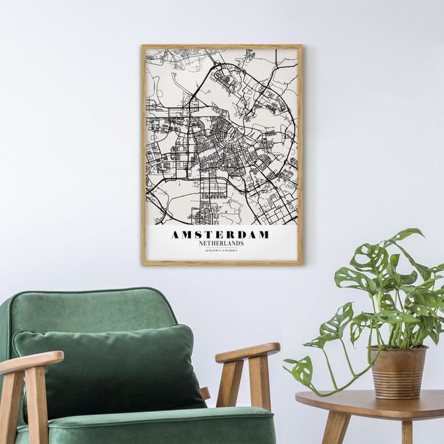 Quadros com moldura em preto e branco Amsterdam City Map - Classic