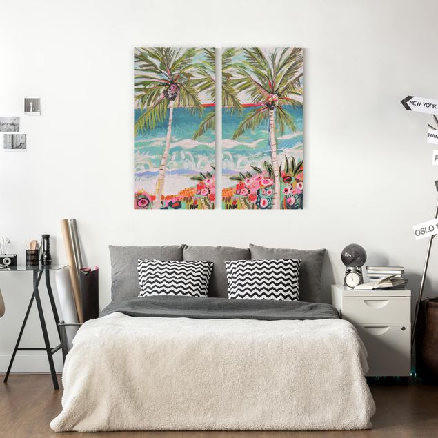 Telas decorativas paisagens Palm Tree With Pink Flowers Set I