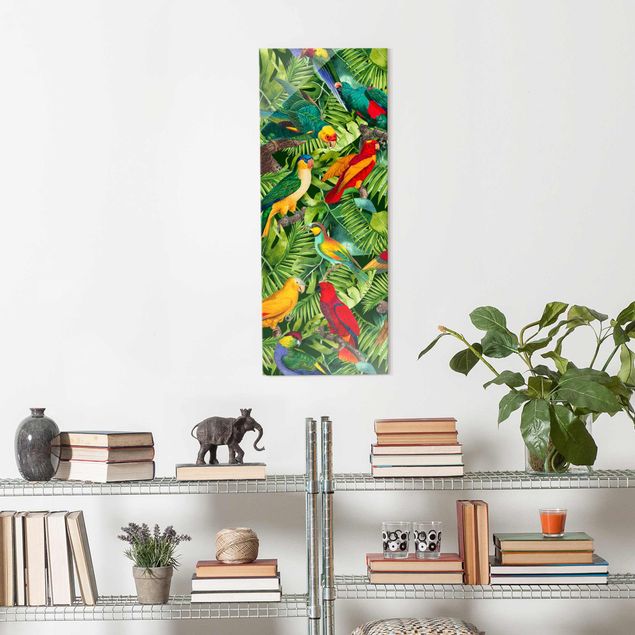 Quadros em vidro flores Colourful Collage - Parrots In The Jungle