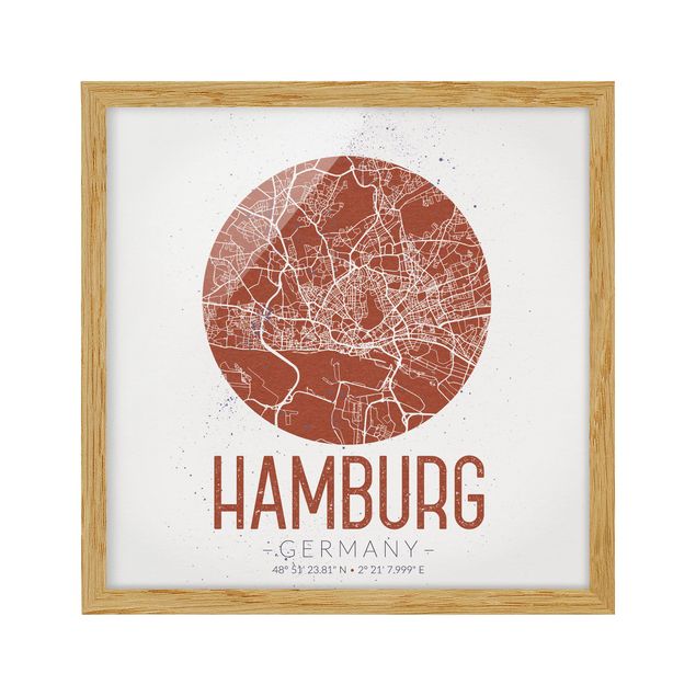 Quadros com moldura mapa-múndi Hamburg City Map - Retro