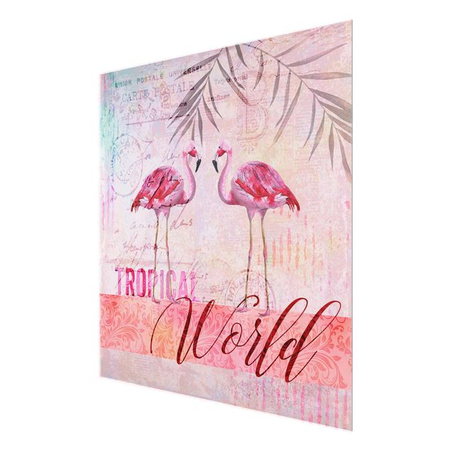 quadros para parede Vintage Collage - Tropical World Flamingos