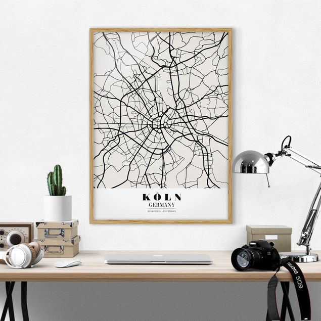 Quadros com moldura em preto e branco Cologne City Map - Classic