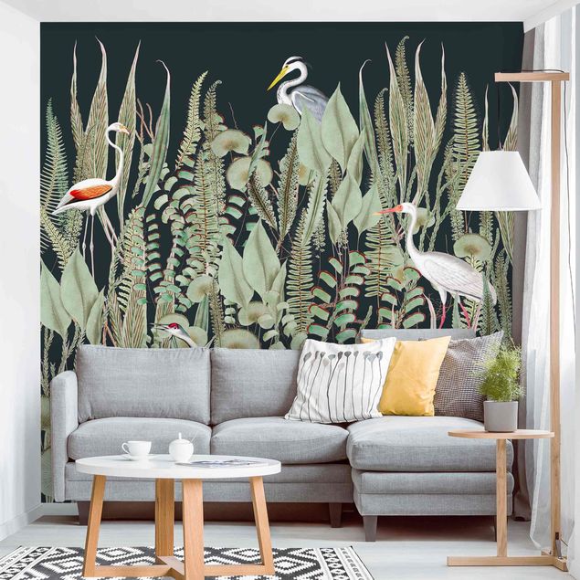 decoraçao cozinha Flamingo And Stork With Plants On Green