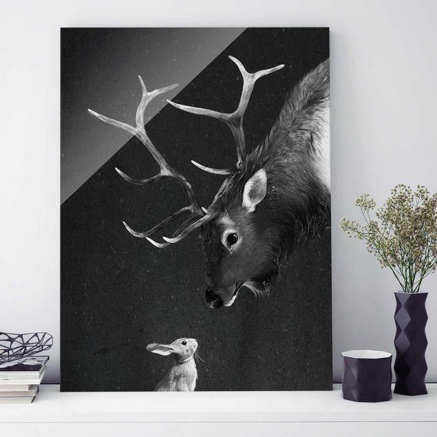 quadros preto e branco para decoração Illustration Deer And Rabbit Black And White Drawing