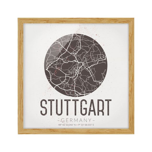 Quadros com moldura mapa-múndi Stuttgart City Map - Retro