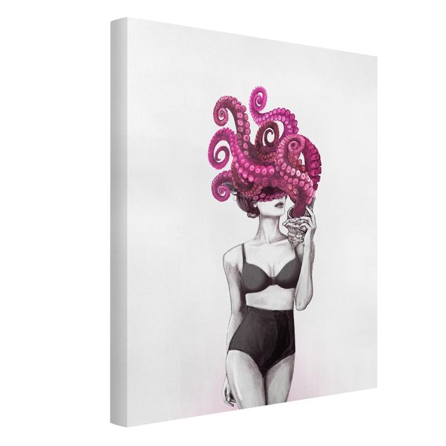 Quadros peixes Illustration Woman In Underwear Black And White Octopus