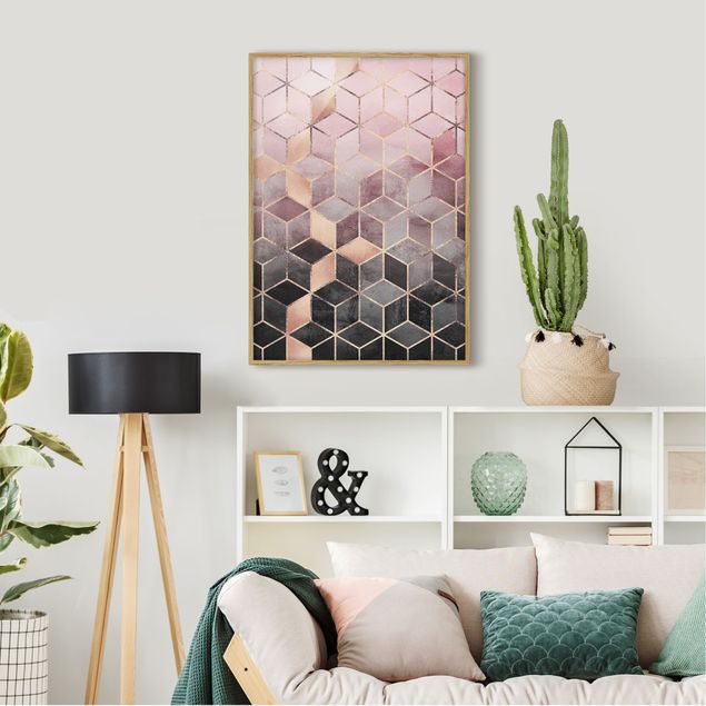 Quadros com moldura abstratos Pink Grey Golden Geometry